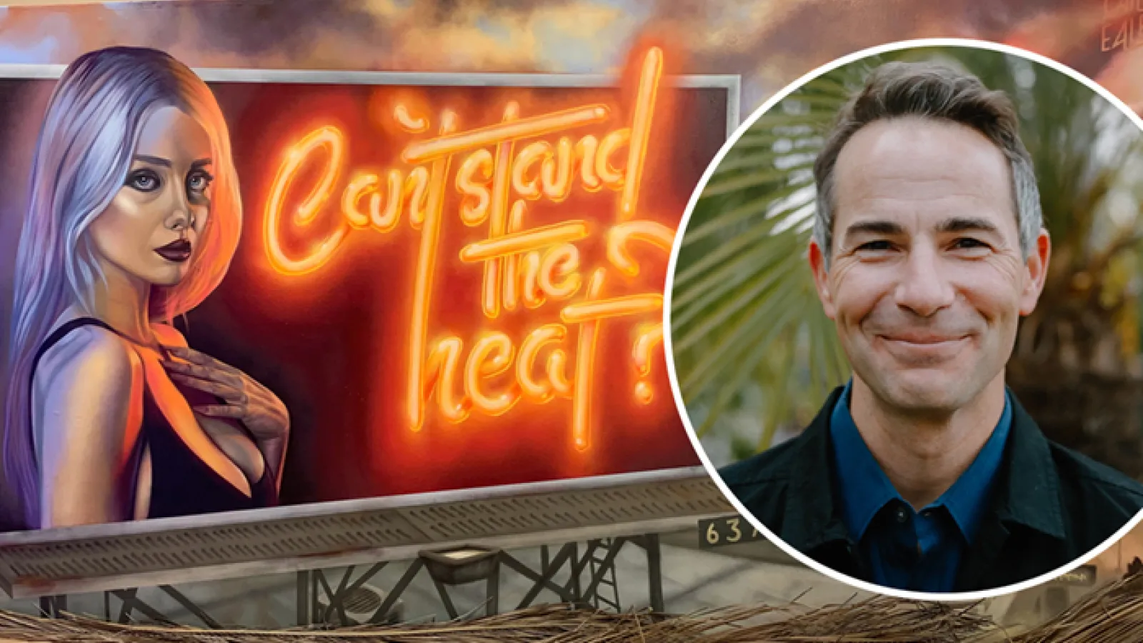 Headshot of artist Jim Daichendt along with billboard