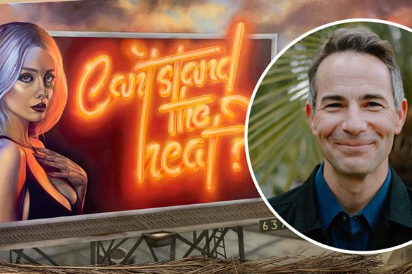 Headshot of artist Jim Daichendt along with billboard