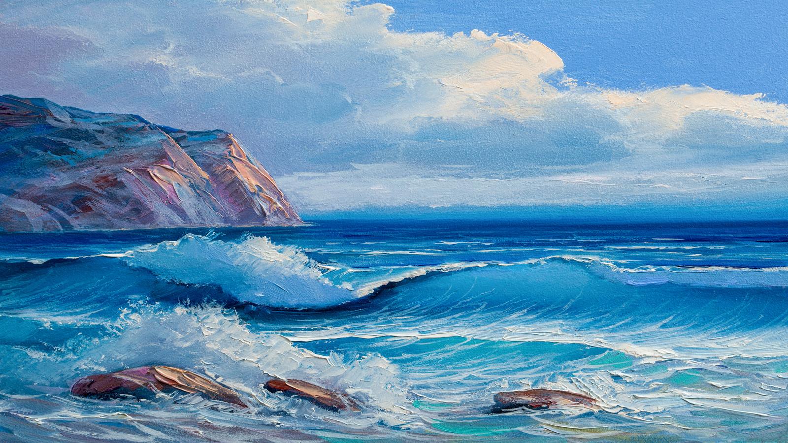 Sea blue wave oil painting on canvas